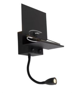Moderne wandlamp zwart 2-lichts met USB en flexarm